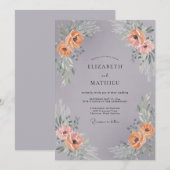 Invitation Couronne de mariage florale pêche grise (Devant / Derrière)