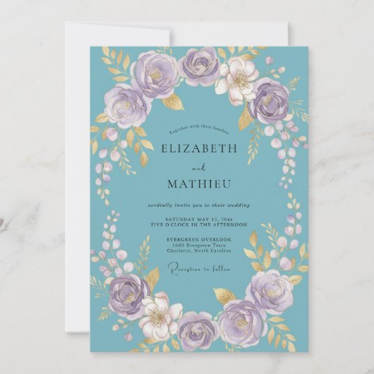 Invitation Couronne de mariage florale sarcelle (Devant)
