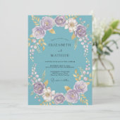 Invitation Couronne de mariage florale sarcelle (Debout devant)