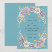 Invitation Couronne de mariage florale sarcelle (Devant / Derrière)