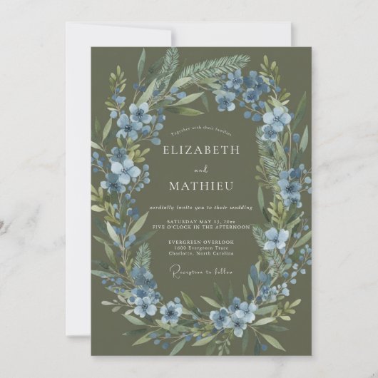 Invitation Couronne de mariage Luxe Olive Bleuet (Devant)