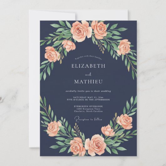 Invitation Couronne de mariage Navy Blush Rose (Devant)