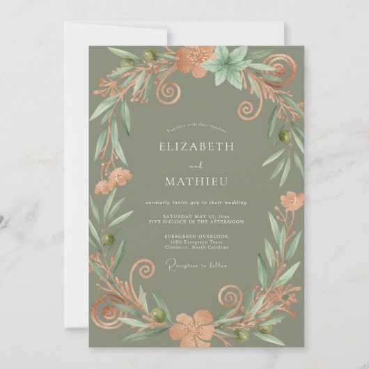 Invitation Couronne de mariage olive abricot (Devant)