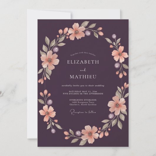 Invitation Couronne de mariage prune abricot (Devant)