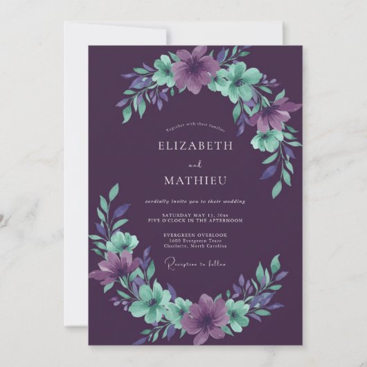 Invitation Couronne de mariage prune et menthe (Devant)