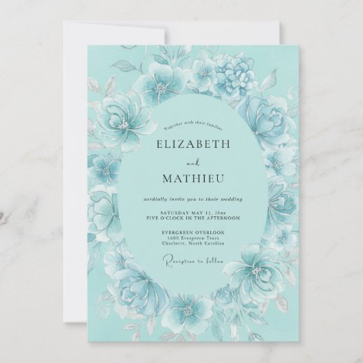 Invitation Couronne de mariage romantique florale sarcelle (Devant)