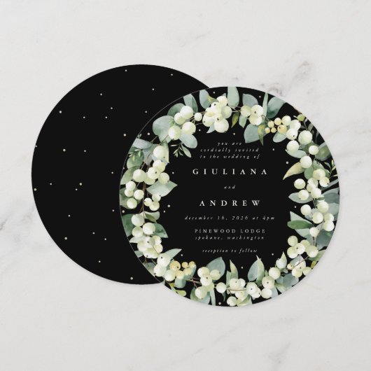 Invitation Couronne de mariage ronde en neige noire + eucalyp (Devant / Derrière)