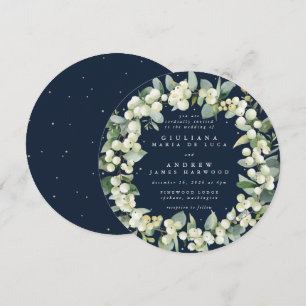 Invitation Couronne de mariage ronde Navy Snowberry + Eucalyp