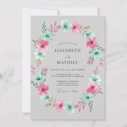 Invitation Couronne de mariage rose aqua (Devant)