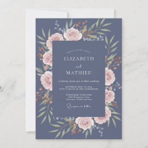 Invitation Couronne de mariage rose carmin sur fond d'ardoise