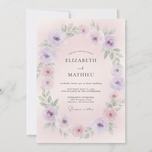 Invitation Couronne de mariage rose lavande (Devant)