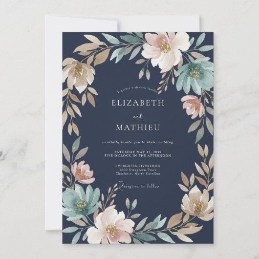 Invitation Couronne de mariage rose pâle Navy (Devant)