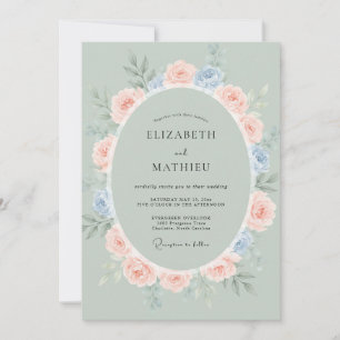 Invitation Couronne de mariage rose pêche et pervenche