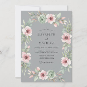 Invitation Couronne de mariage rose poussiéreuse grise