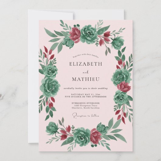 Invitation Couronne de mariage rose sarcelle moderne (Devant)