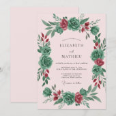 Invitation Couronne de mariage rose sarcelle moderne (Devant / Derrière)