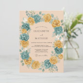 Invitation Couronne de mariage Rose sarcelle pêche (Debout devant)