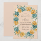 Invitation Couronne de mariage Rose sarcelle pêche (Devant / Derrière)