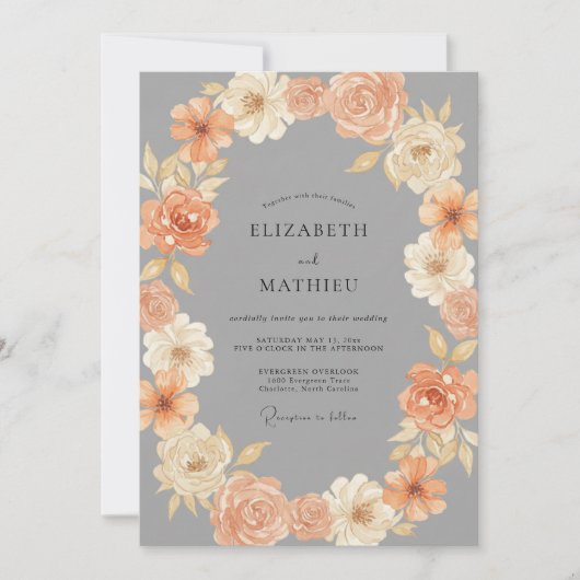 Invitation Couronne de mariage Slate Dusty Peach (Devant)