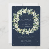 Invitation Couronne de mariage Snowberry+Eucalyptus Navy fonc (Devant)