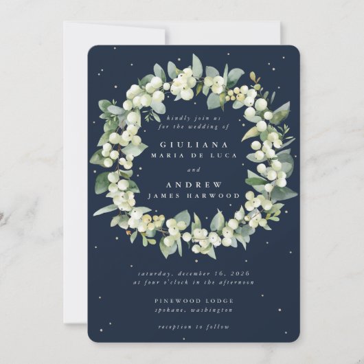 Invitation Couronne de mariage Snowberry+Eucalyptus Navy fonc (Devant)