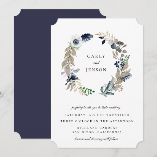 Invitation Couronne de mariage Taupe + Navy (Devant / Derrière)