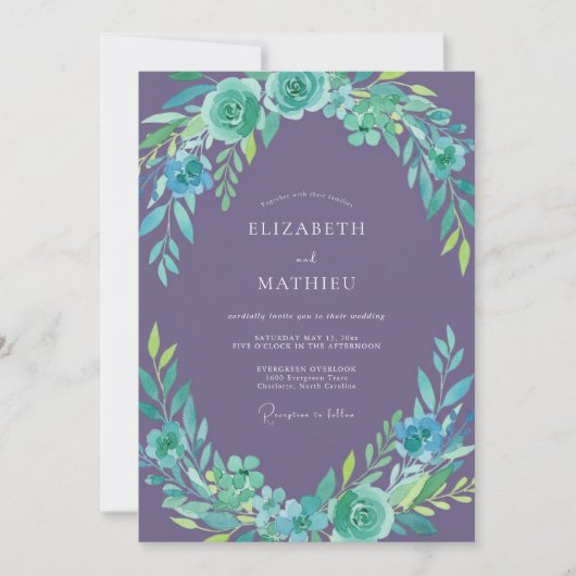 Invitation Couronne de mariage teinte mauve sarcelle (Devant)