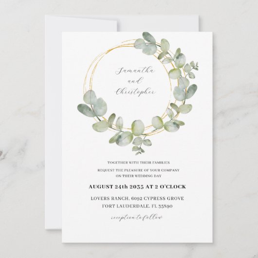 Invitation Couronne de mariage tout-en-un vert et or Eucalypt (Devant)