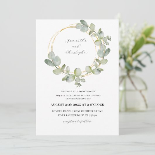 Invitation Couronne de mariage tout-en-un vert et or Eucalypt (Debout devant)