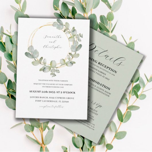 Invitation Couronne de mariage tout-en-un vert et or Eucalypt