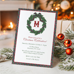 Invitation Couronne de monogramme à nœud écossais de Noël à l