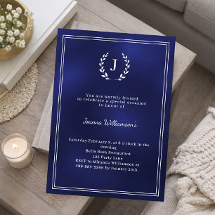Invitation Couronne de monogramme bleu marine, étape importan