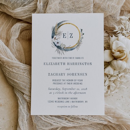 Invitation Couronne de monogramme Boho Moon Indigo Mariage