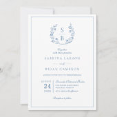 Invitation Couronne de monogramme botanique bleu royal de mar (Devant)