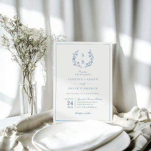 Invitation Couronne de monogramme botanique bleu royal de mar