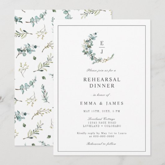 Invitation Couronne de monogramme chic en eucalyptus pour dîn (Devant / Derrière)