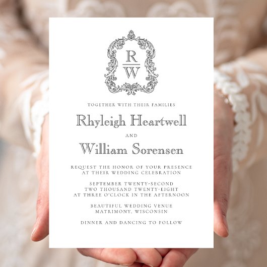 Invitation Couronne de monogramme classique Charbon et Blanc 