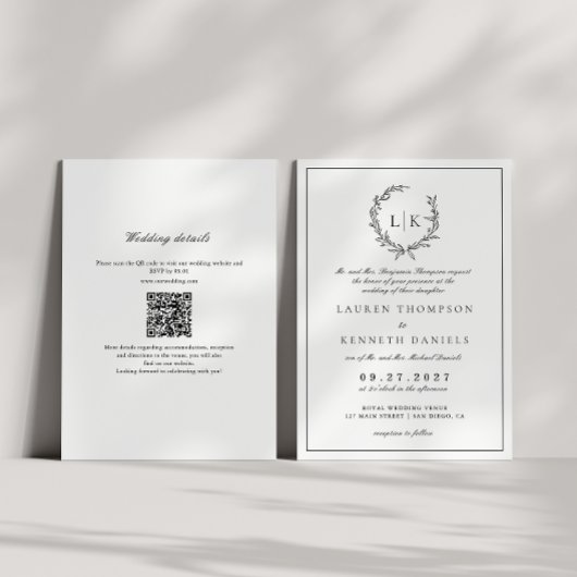 Invitation Couronne de monogramme de feuille Mariage Code QR 