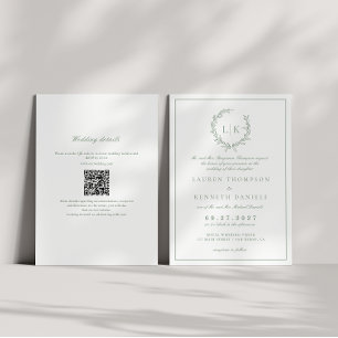Invitation Couronne de monogramme de feuille Vert sauge Code