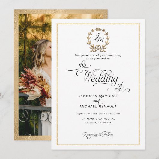 Invitation Couronne de monogramme de photo de mariage élégant (Devant / Derrière)