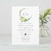 Invitation Couronne de monogramme de verdure à l'aquarelle Ma (Debout devant)