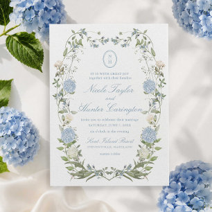 Invitation Couronne de monogramme floral d'hortensia bleu pou