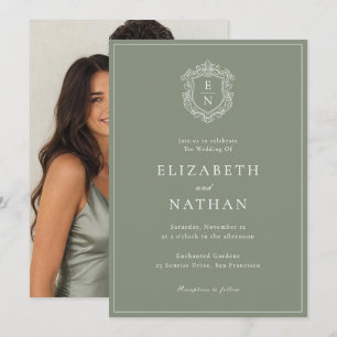 Invitation Couronne de monogramme vintage vert sauge Photo de