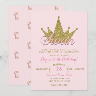 Invitation Couronne de naissance Princesse Cygne rose et or p
