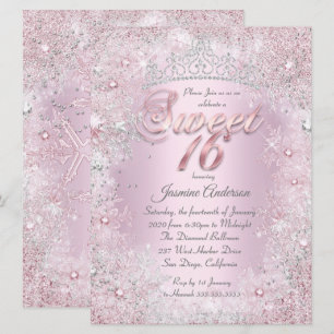 Invitation Couronne de neige rose argentée Sweet 16