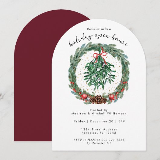 Invitation Couronne de Noël aquarelle rustique avec gui (Devant / Derrière)