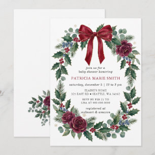 Invitation Couronne de Noël avec ruban rouge pour Baby Shower