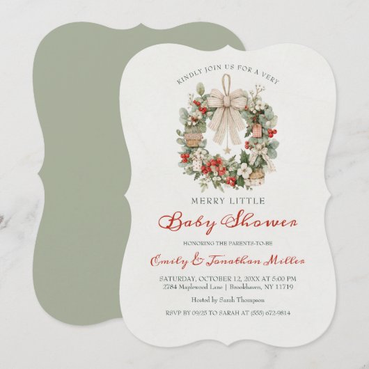 Invitation Couronne de Noël Bébé Shower Joyeux (Devant / Derrière)