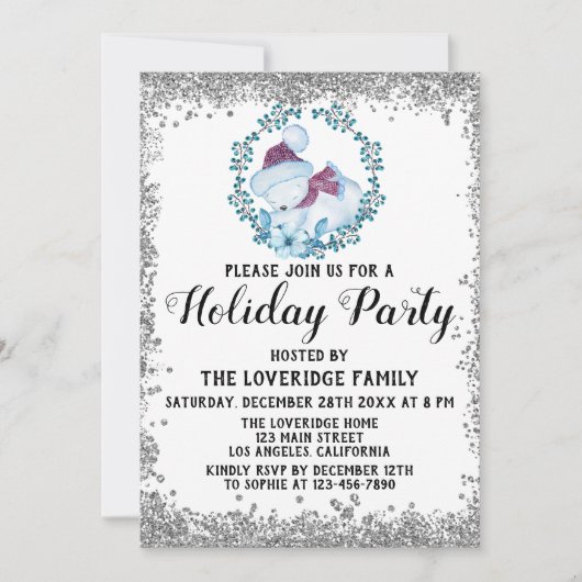 Invitation Couronne de Noël Bleu Hiver Fête Argentée (Devant)