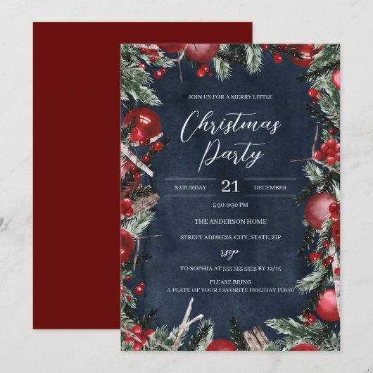 Invitation Couronne de Noël de la Marine Rouge Fleurie Fête (Devant / Derrière)